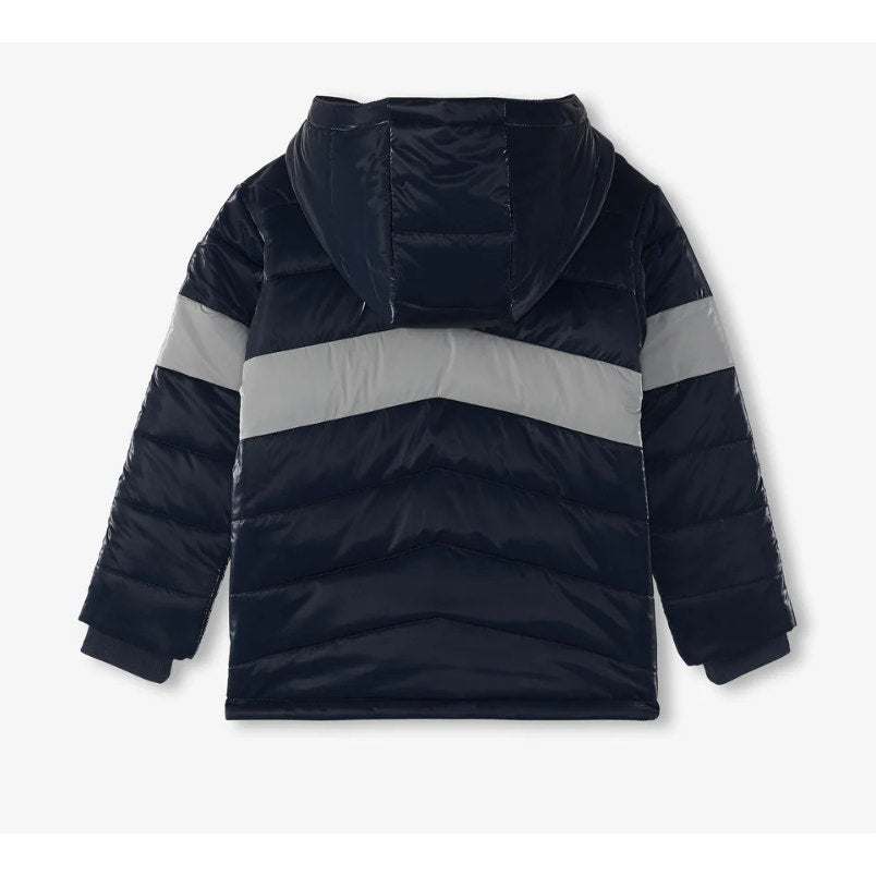 HATLEY Boys Shark Skin Puffer Jacket Size 8 Navy Blue Colorblock Hooded NWT