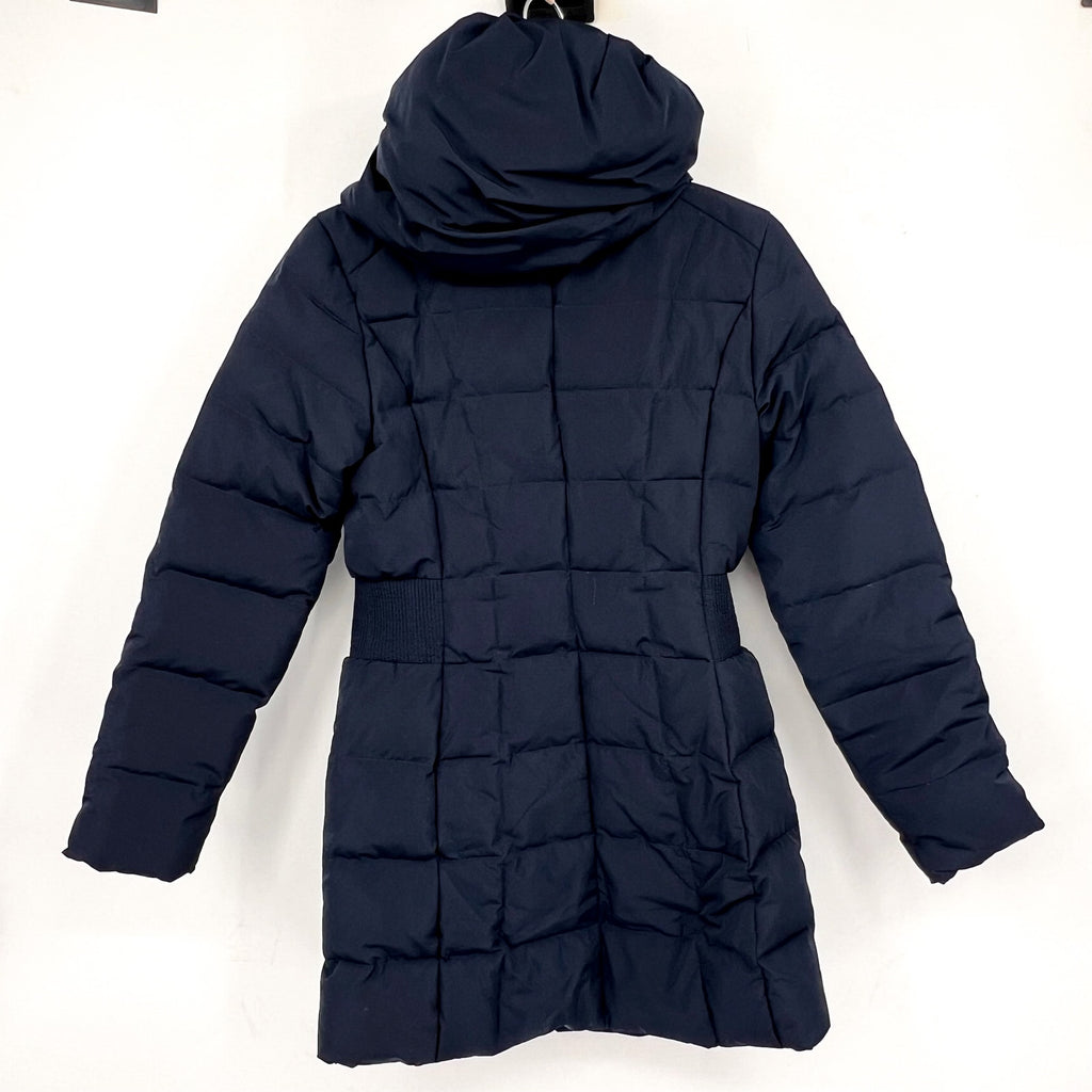 COLE HAAN Women’s Box Quilt Down Puffer Coat XS Navy Blue Hooded NWT