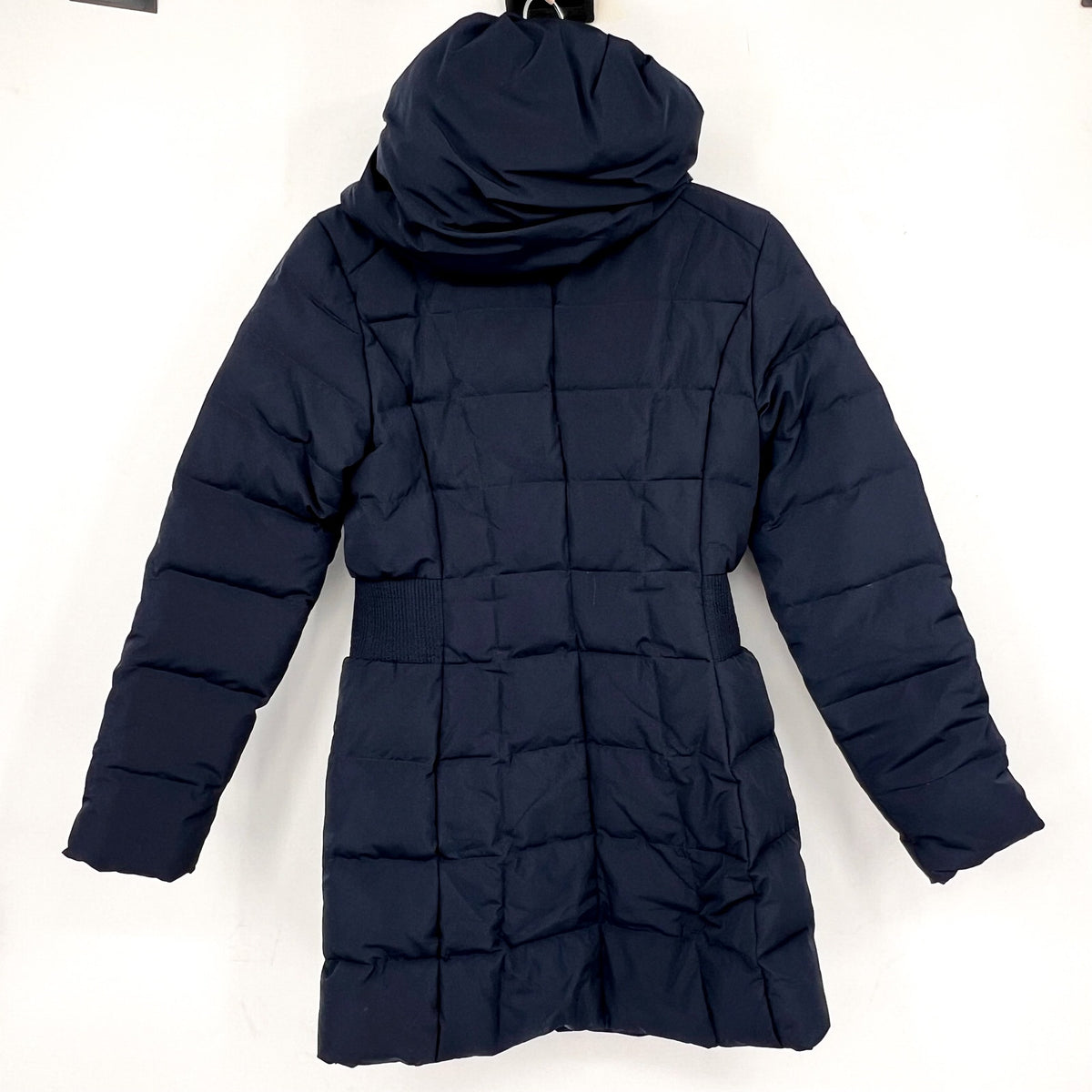 COLE HAAN Women’s Box Quilt Down Puffer Coat XS Navy Blue Hooded NWT