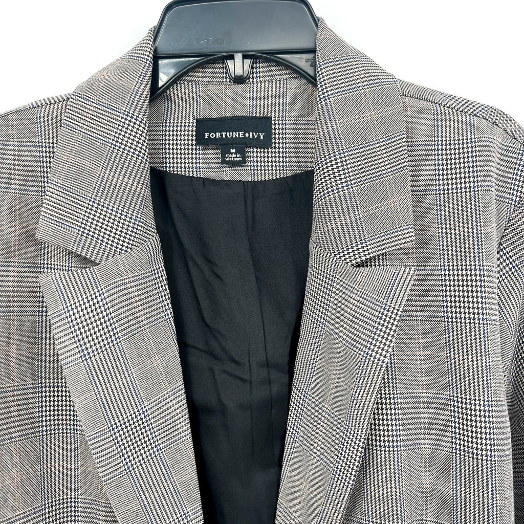FORTUNE + IVY Women Double-Breasted Blazer Medium Glen Plaid Grey Multi NWOT