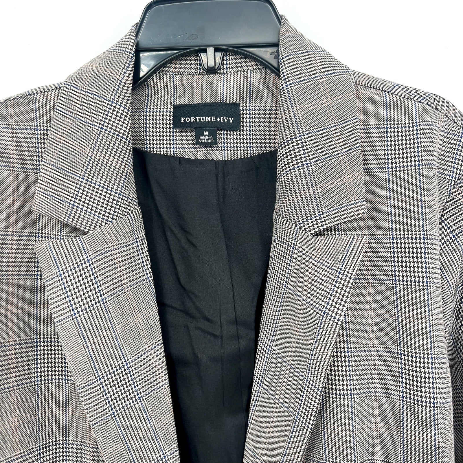FORTUNE + IVY Women Double-Breasted Blazer Medium Glen Plaid Grey Multi NWOT