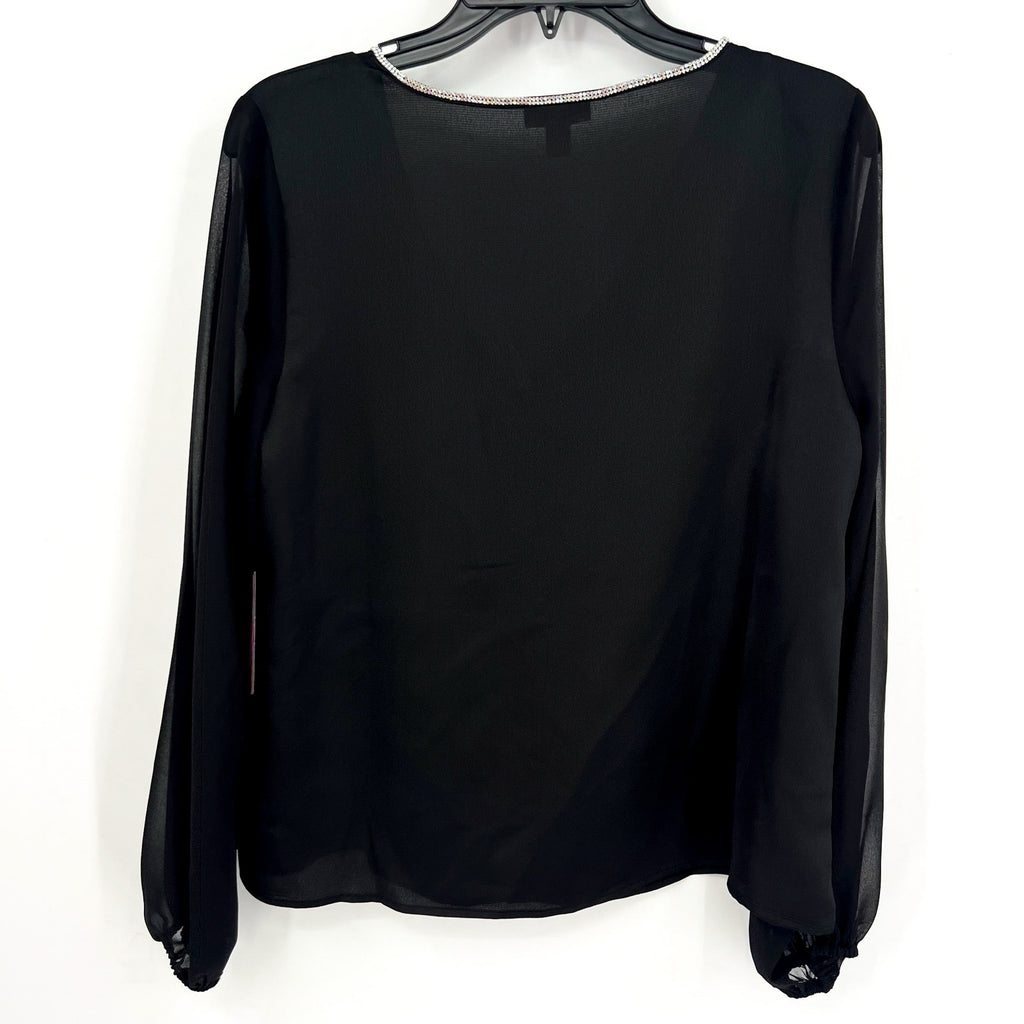 VINCE CAMUTO Womens Rhinestone-Trim Top Small Black V Neck Sheer Long Sleeve NWT