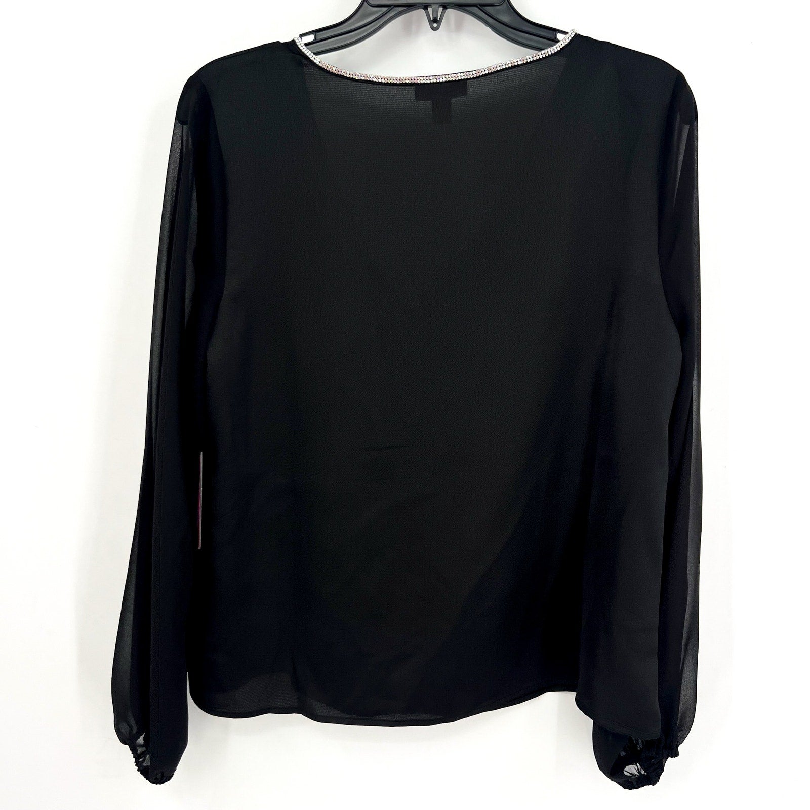 VINCE CAMUTO Womens Rhinestone-Trim Top Small Black V Neck Sheer Long Sleeve NWT