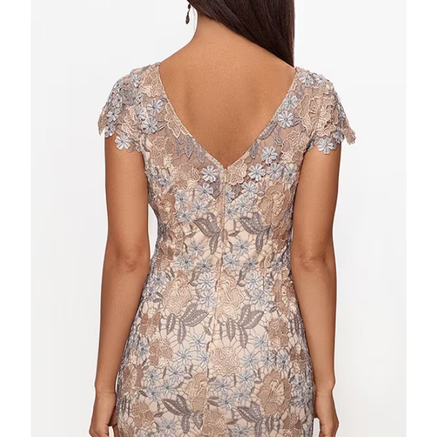 XSCAPE Floral Lace Sheath Dress Size 6 Rose Gold Short Sleeve Boat Neck NWOT