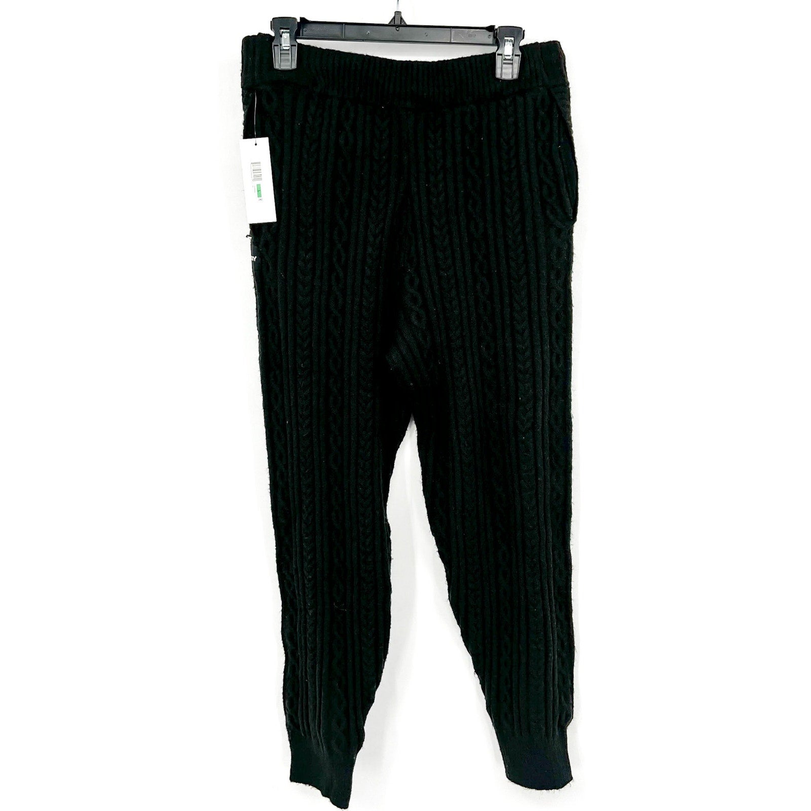 DKNY Womns Cozy Cable Sweater Knit Jogger Large Black Drawstring NWT