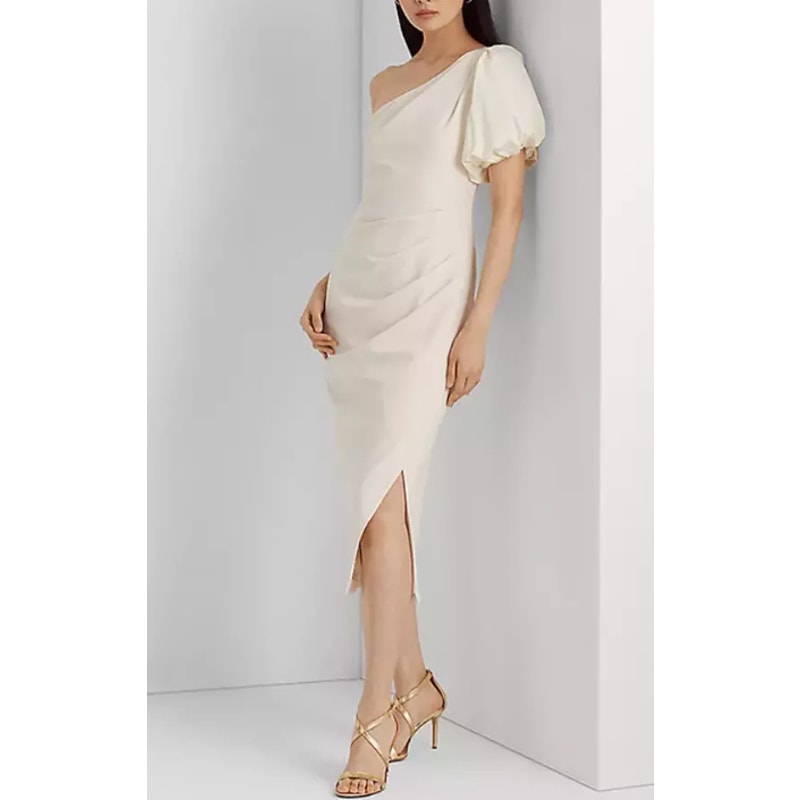 LAUREN RALPH LAUREN Women's One-Shoulder Crepe Cocktail Dress Size 12 Ivory NWT