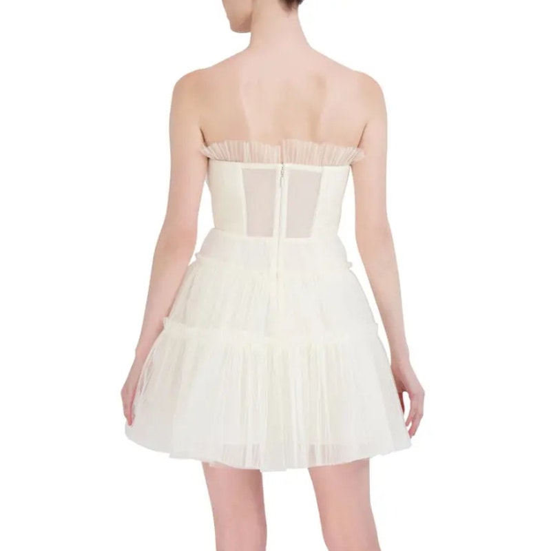 BCBGMAXAZRIA Women's Strapless Tiered Tulle Mini Dress Size 6 Gardenia White NWT