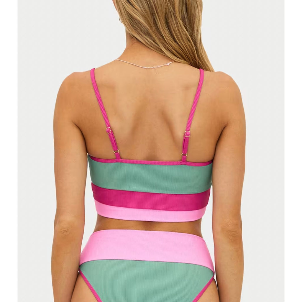 BEACH RIOT Women's Eva Bikini Top Medium Green Pink Sage Bloom Colorblock NWT