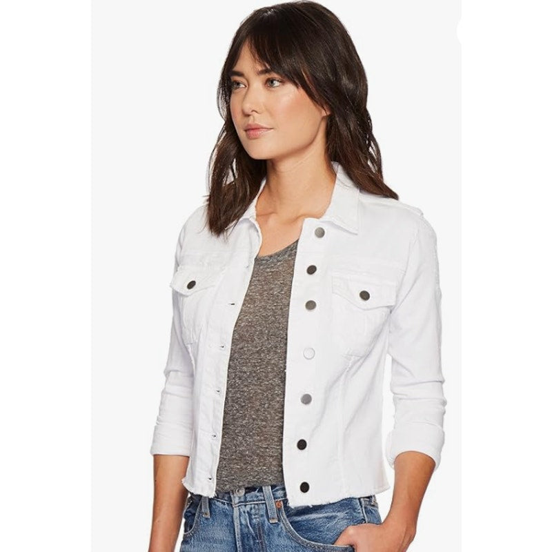 KUT FROM THE KLOTH Kara Frayed Denim Trucker Jacket Small Optic White NWOT