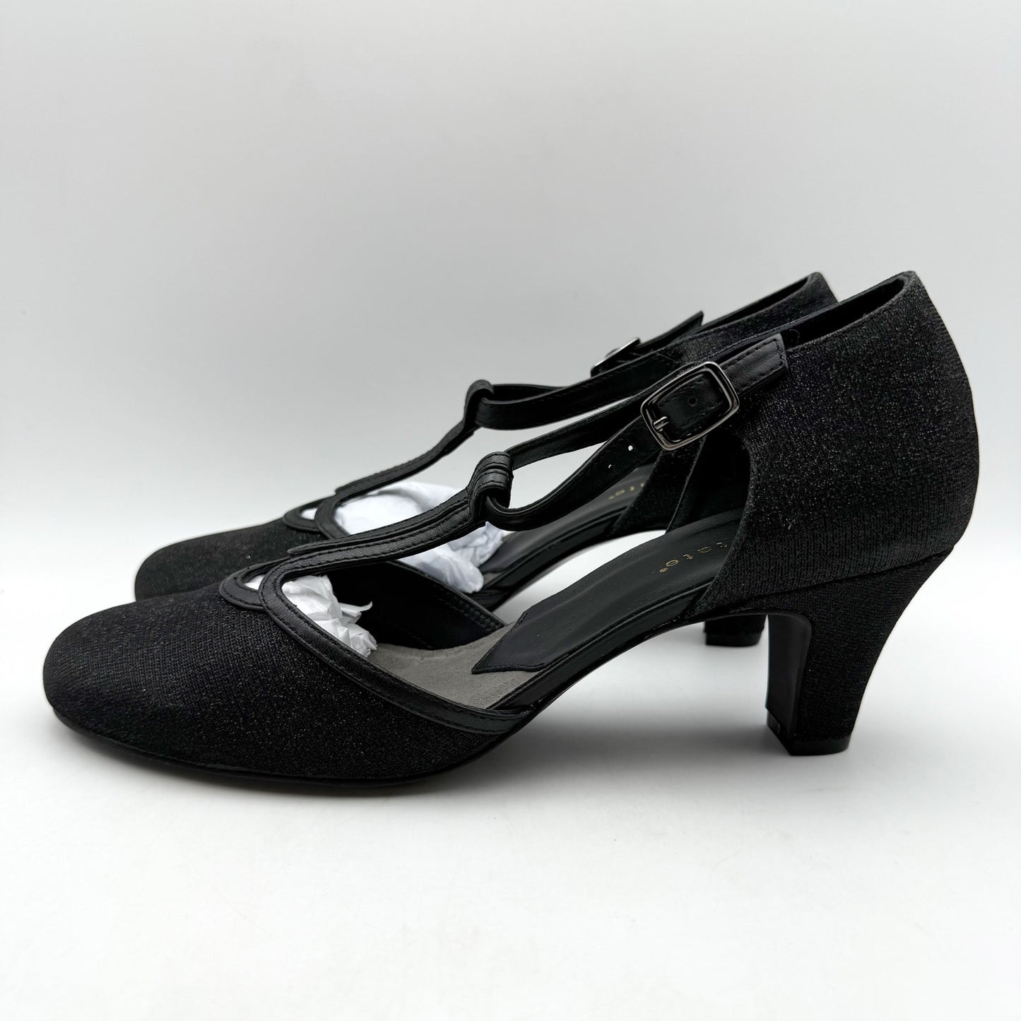 David Tate Womens Fantastic Heels 10 NARROW Black Glitter Fabric T-Strap NIB