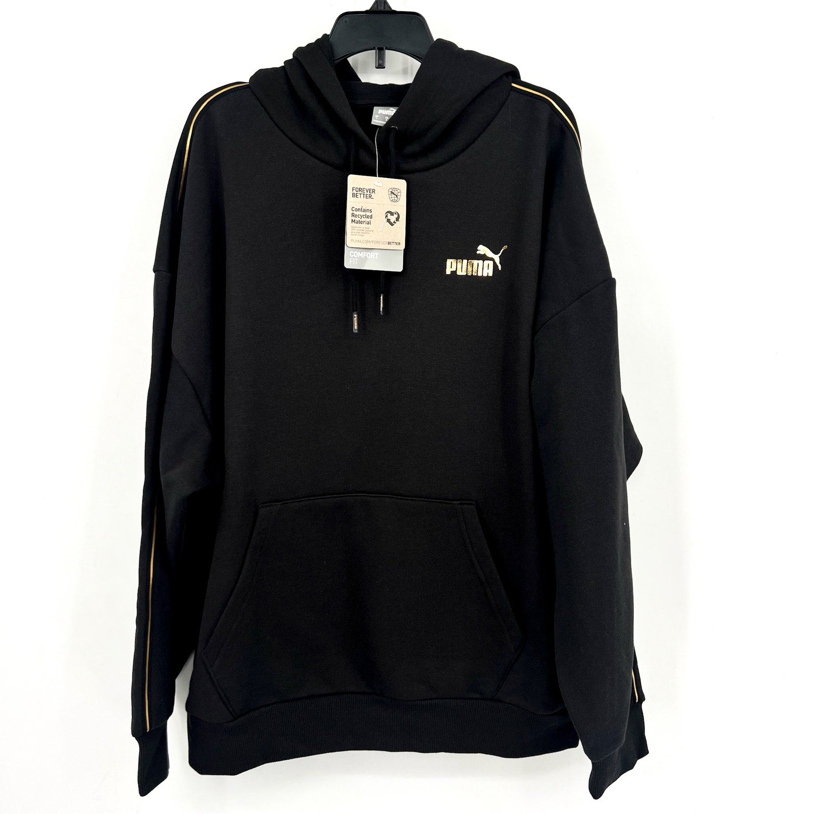 PUMA Women's Essentials Tape Minimal Gold Hoodie Large Black Sweatshirt NWT