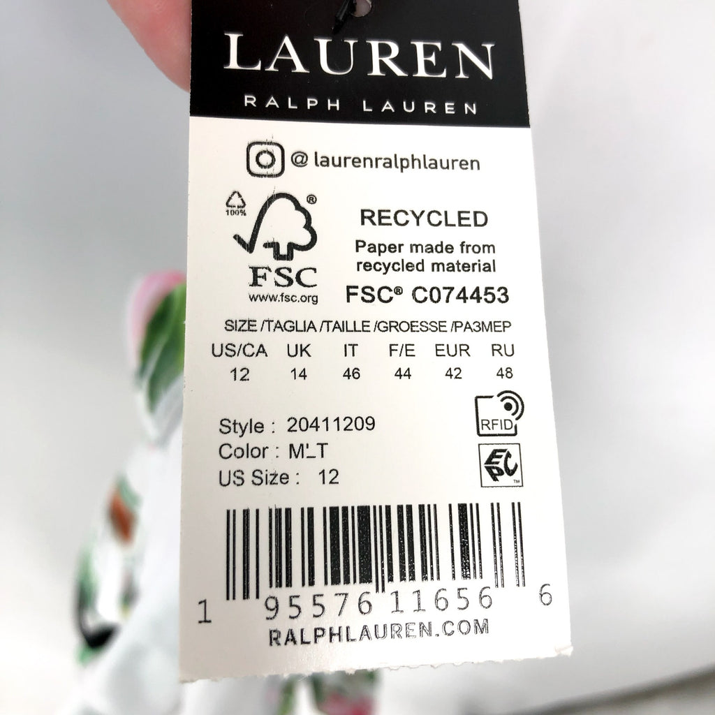 LAUREN RALPH LAUREN Plunge One Piece Swimsuit Size 12 White Tropical Floral NWT