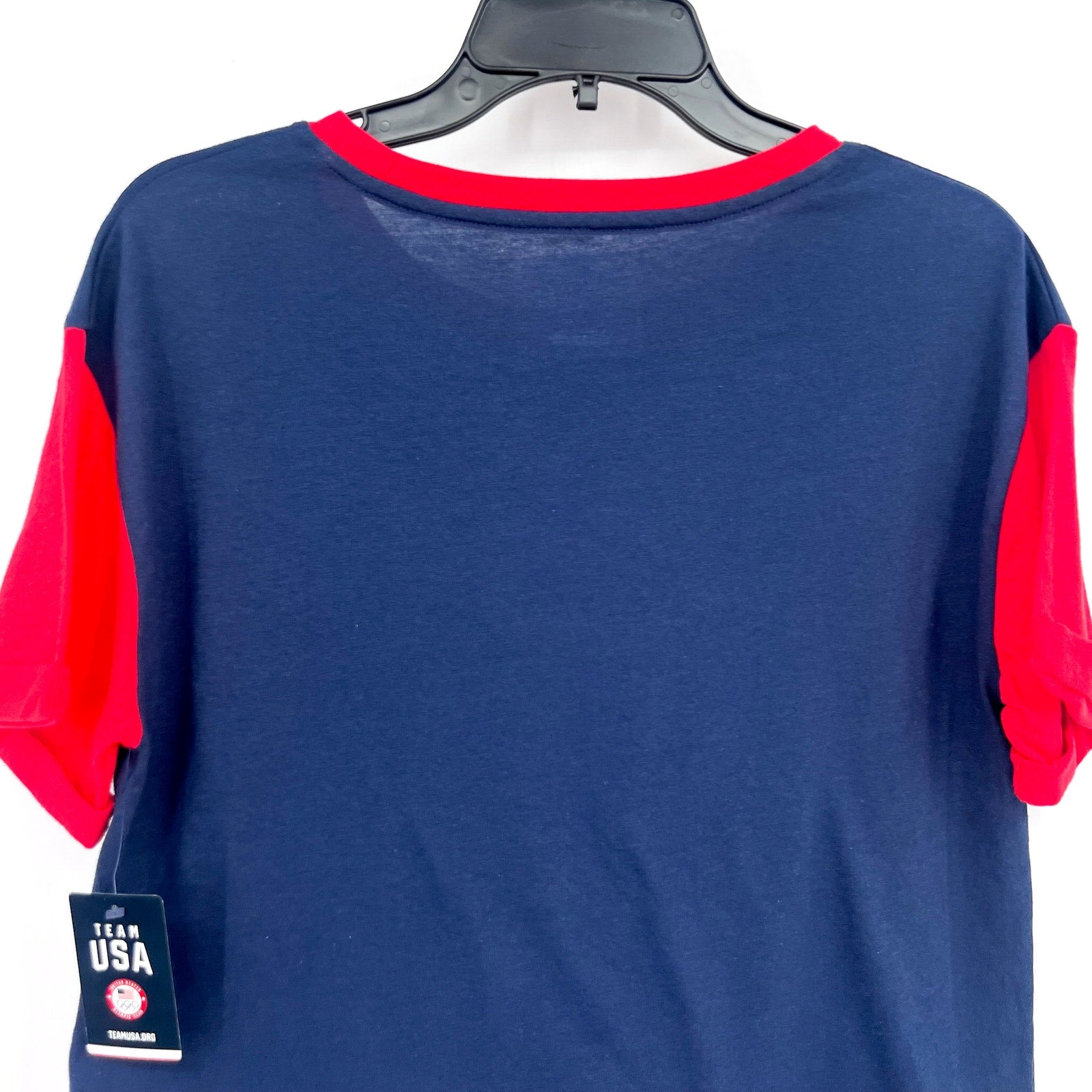 FANATICS Womens Team USA Circle Badge Cropped T-Shirt LARGE Navy Blue Red NWT