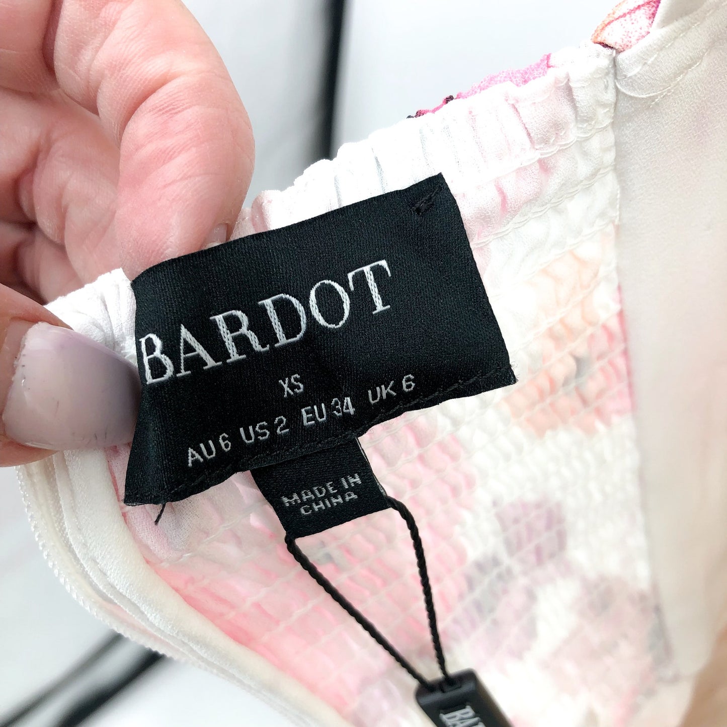 BARDOT Women's Zeta Midi Dress XS US 2 White Pink Floral Chiffon NWT