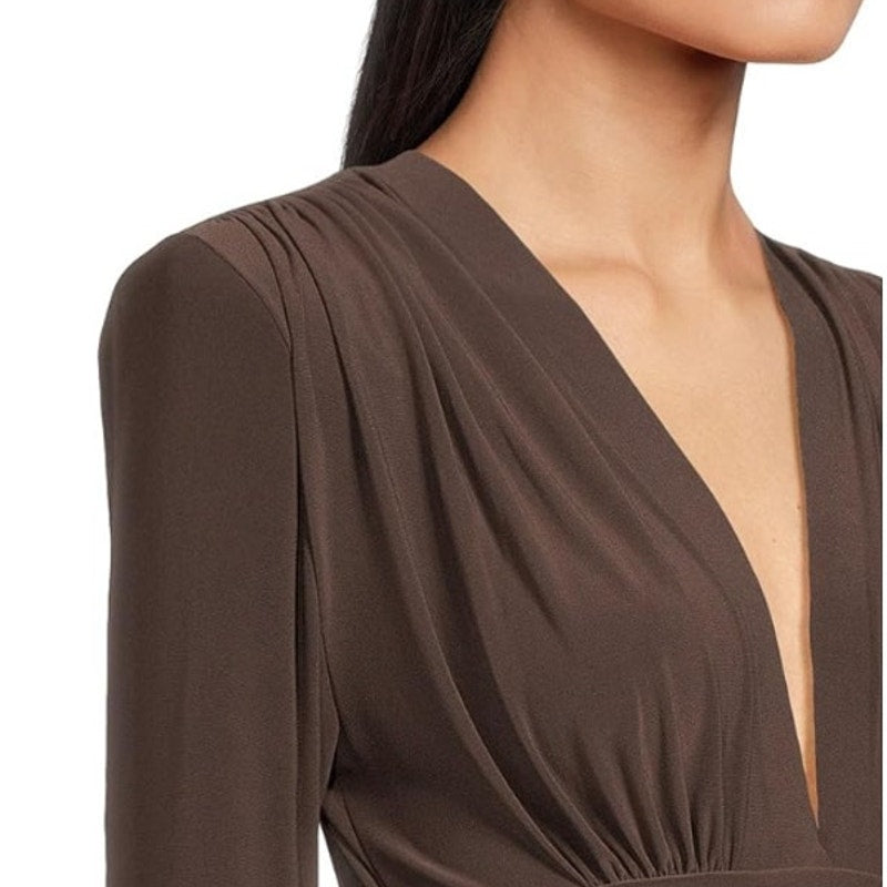 Norma Kamali V-Neck Shirred Waist Jumpsuit XS/34 Chocolate Brown Long Sleeve NWT