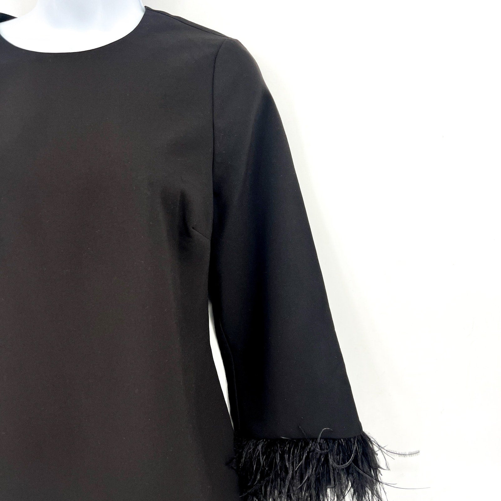 LIKELY Women Marullo Feather Trim Mini Dress Size 4 Black Long Sleeve Shift NWT