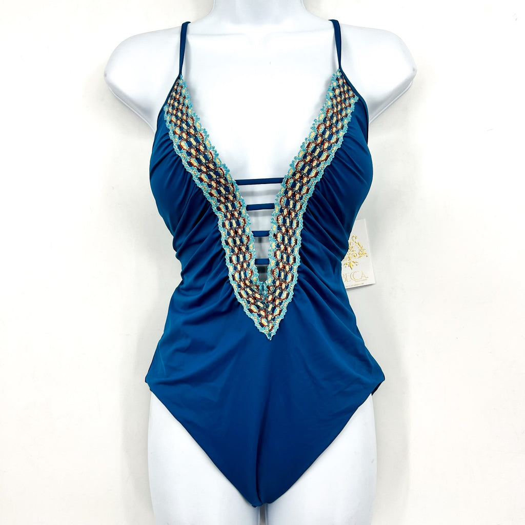 BECCA Women's Harmonia Clare Plunge One Piece Swimsuit Medium Lagoon Blue NWT