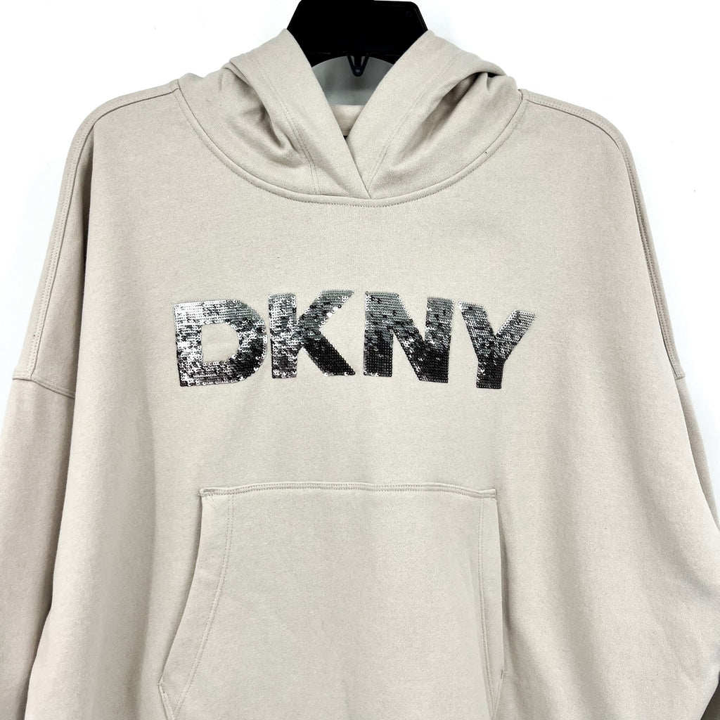 DKNY Women's Sequin Fleece Hoodie Large Taupe Tan Pullover Sweatshirt NWT