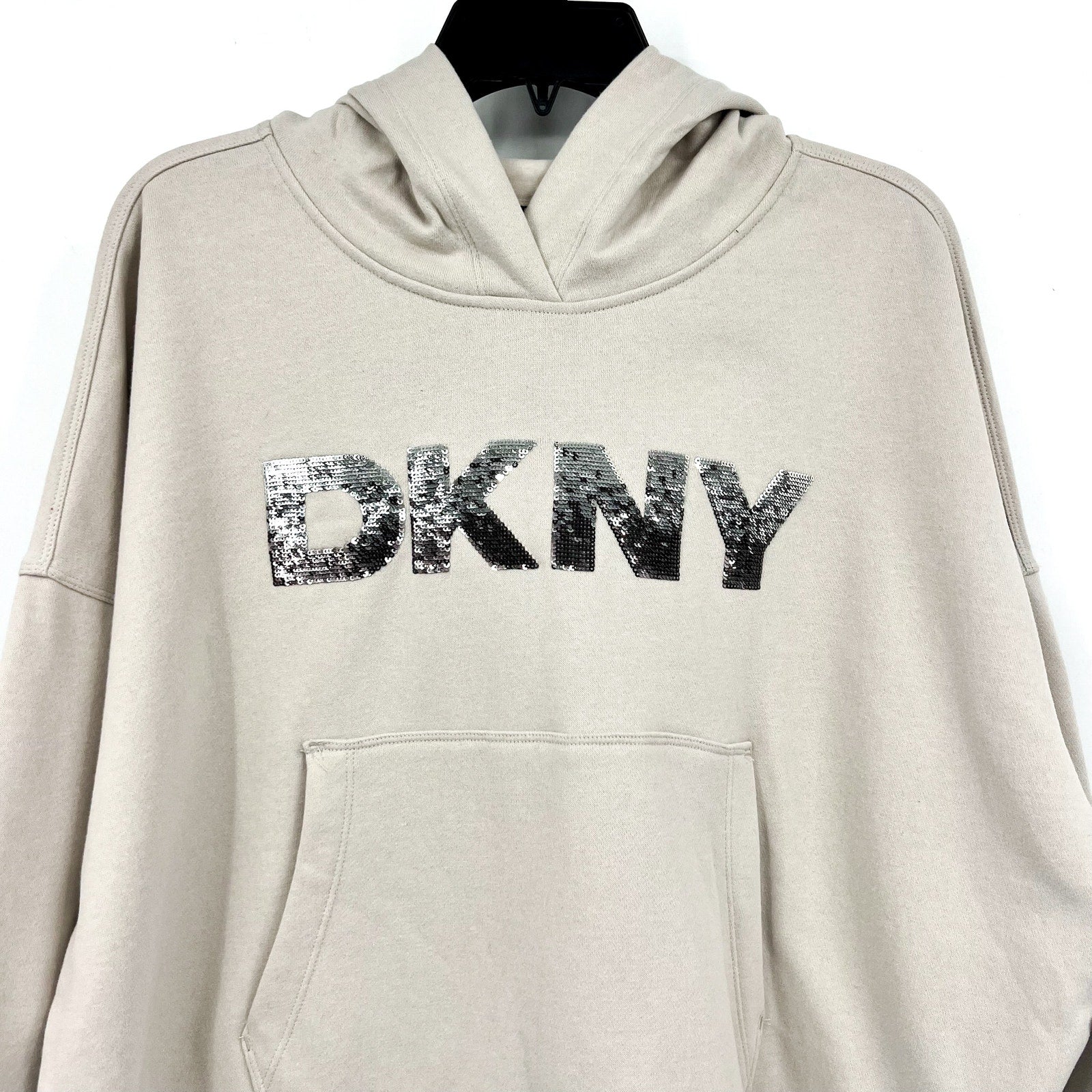 DKNY Women's Sequin Fleece Hoodie Large Taupe Tan Pullover Sweatshirt NWT