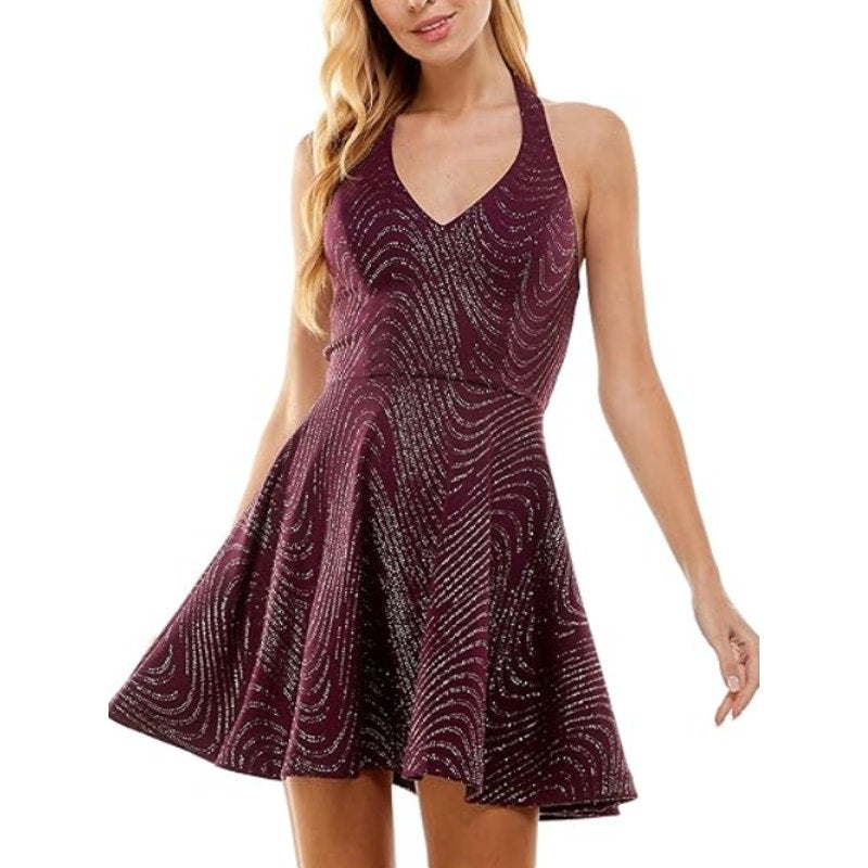 CITY STUDIO Sparkling Mini Halter Dress 20W Plum Purple Gold Cut-Out NWT