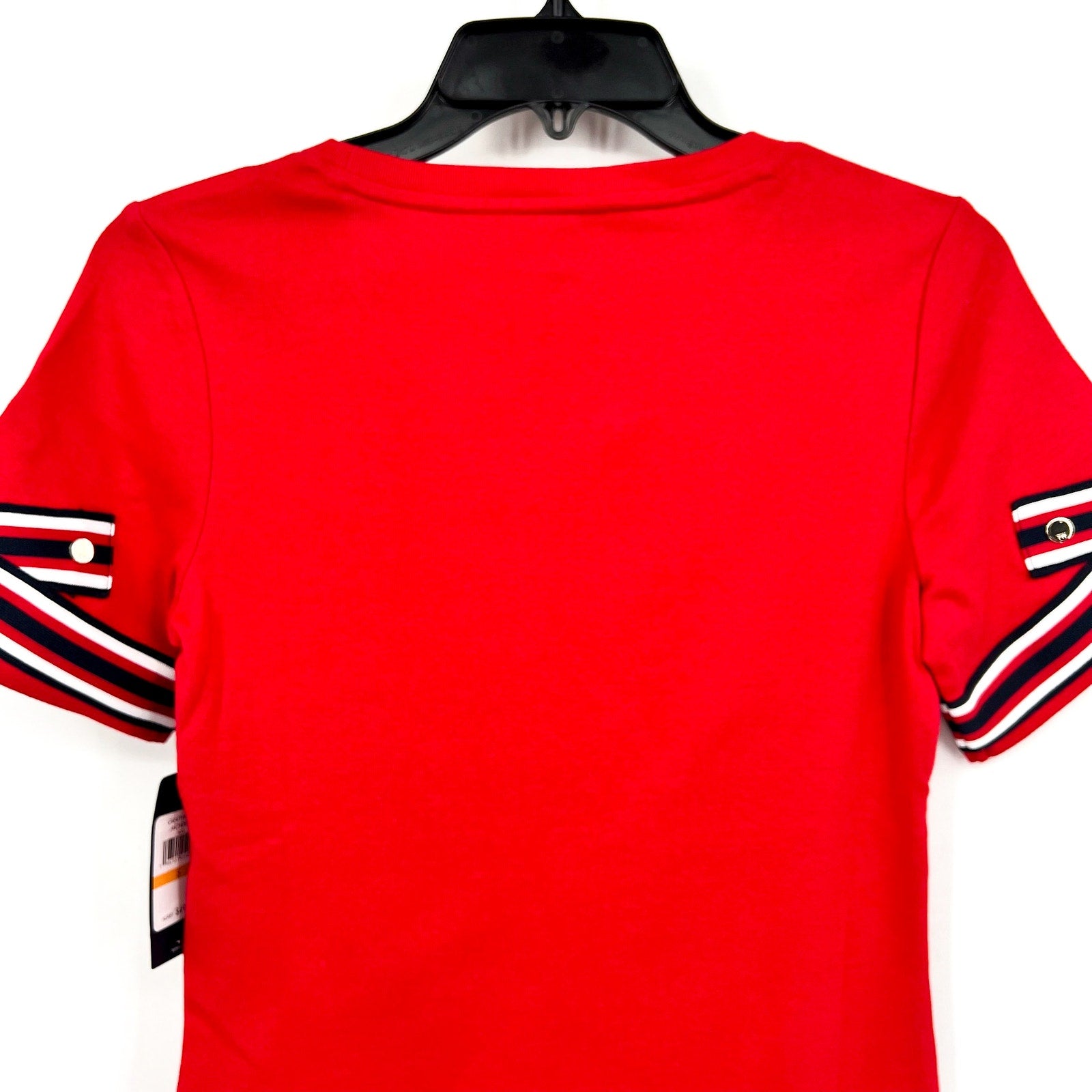 Tommy Hilfiger Womens Ribbon Cuff Logo T-Shirt Small Red Crewneck Cotton NWT