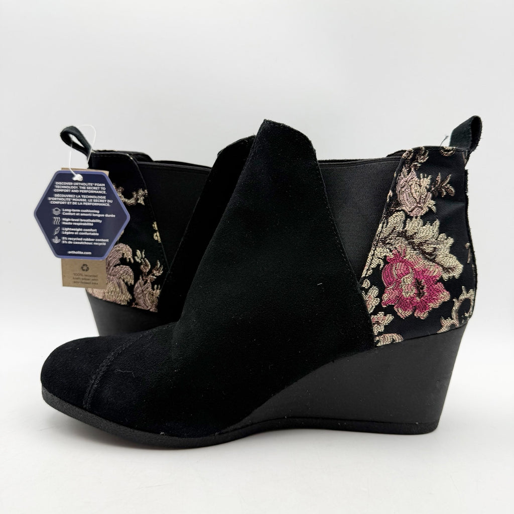TOMS Womens Kelsey Graphic Wedge Booties US 10 Black Floral Suede Ankle NWOB