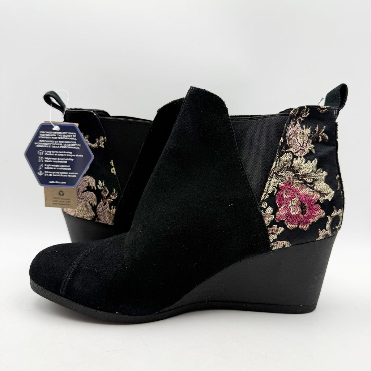 TOMS Womens Kelsey Graphic Wedge Booties US 10 Black Floral Suede Ankle NWOB