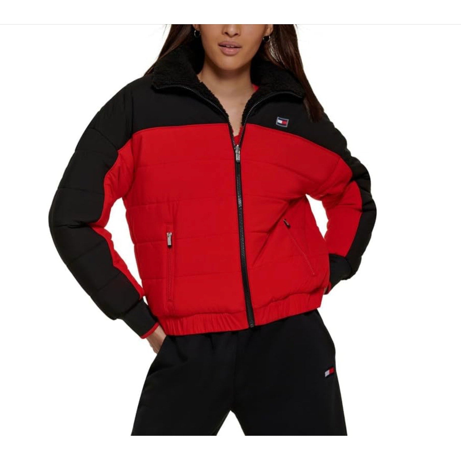 TOMMY HILFIGER SPORT Womens Reversible Track Jacket Large Red Black Sherpa NWT