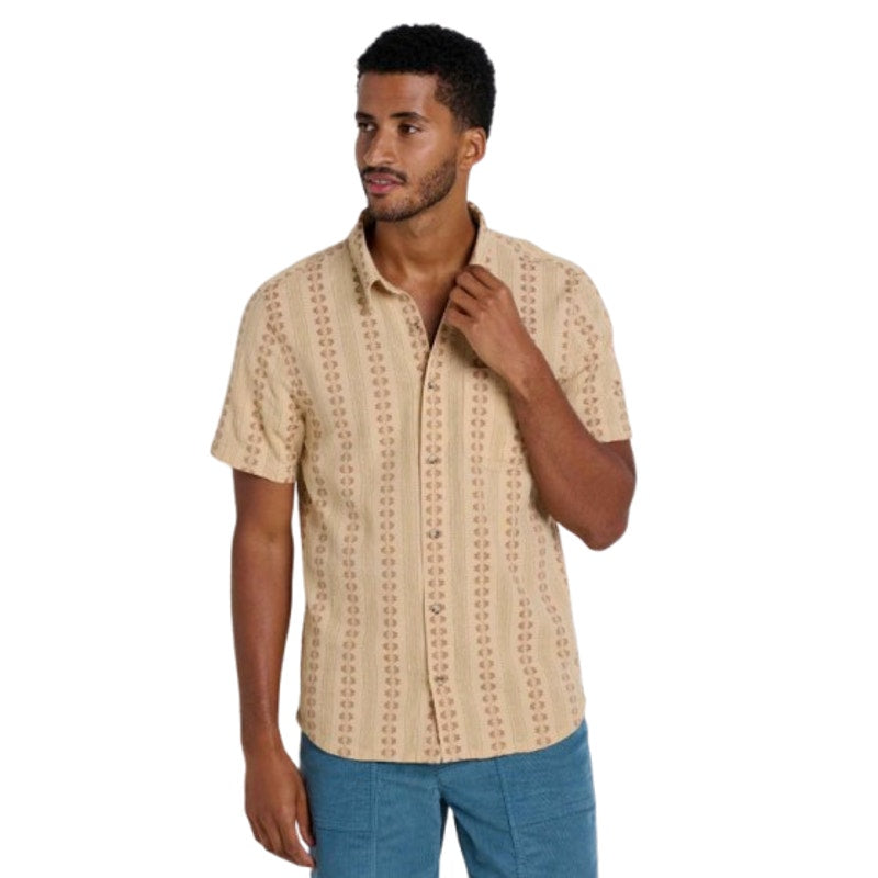 TOAD & CO Men's Treescape Short Sleeve Casual Shirt Large Tan Chai Geo Dobby NWT