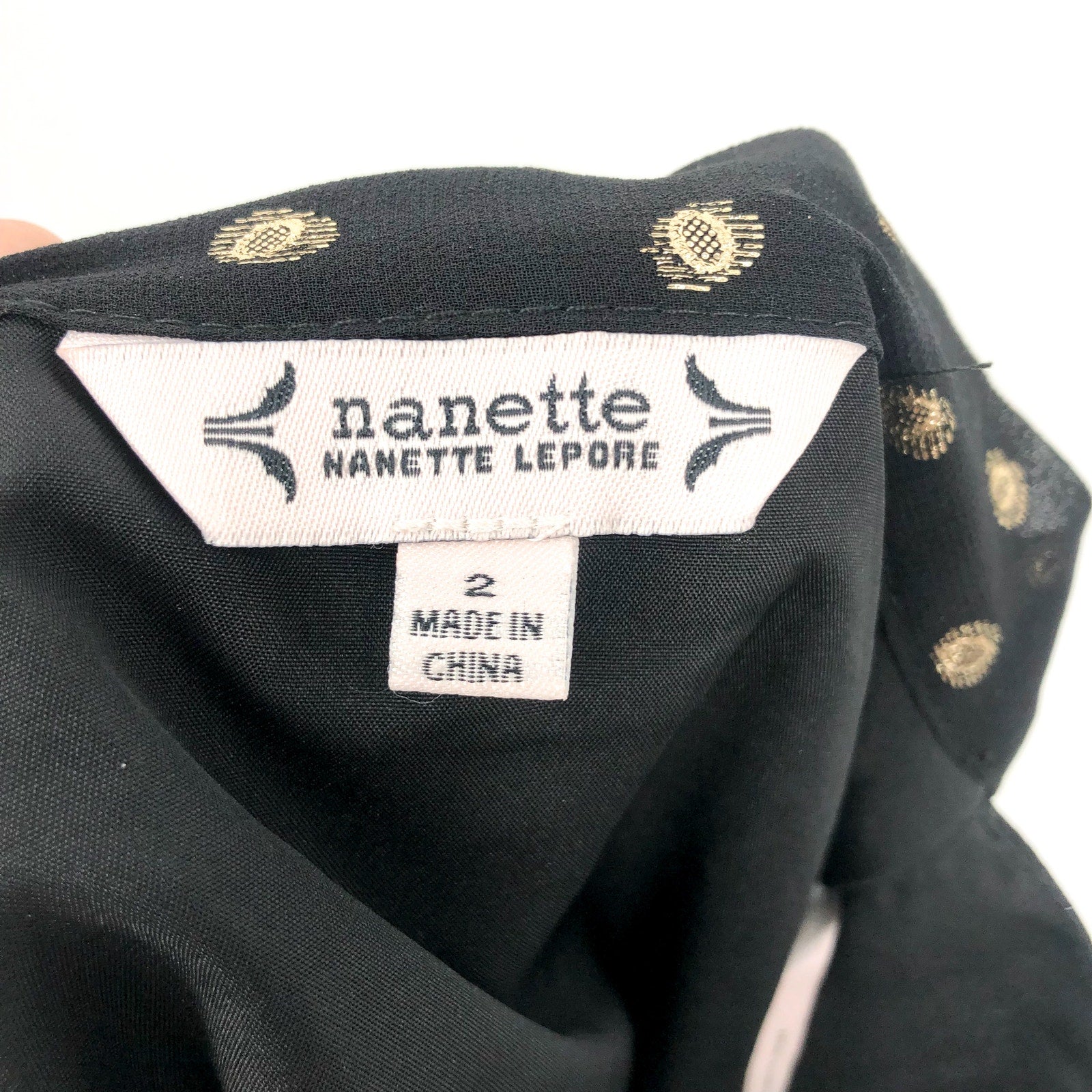 NANETTE LEPORE Metallic Dot Dress Size 2 Black Gold Chiffon Ruffle Neck NWT