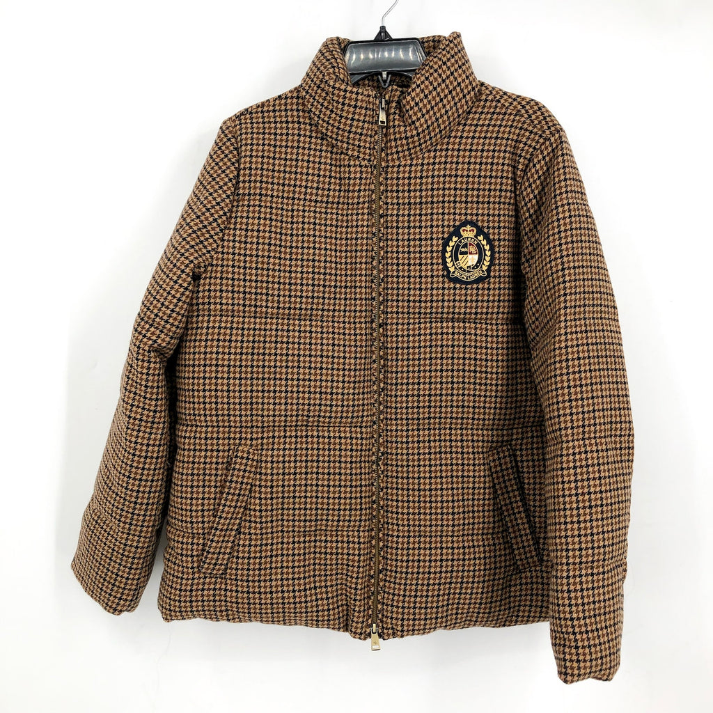 LAUREN RALPH LAUREN Womens Houndstooth Crest-Patch Puffer Coat Large Tan NWOT