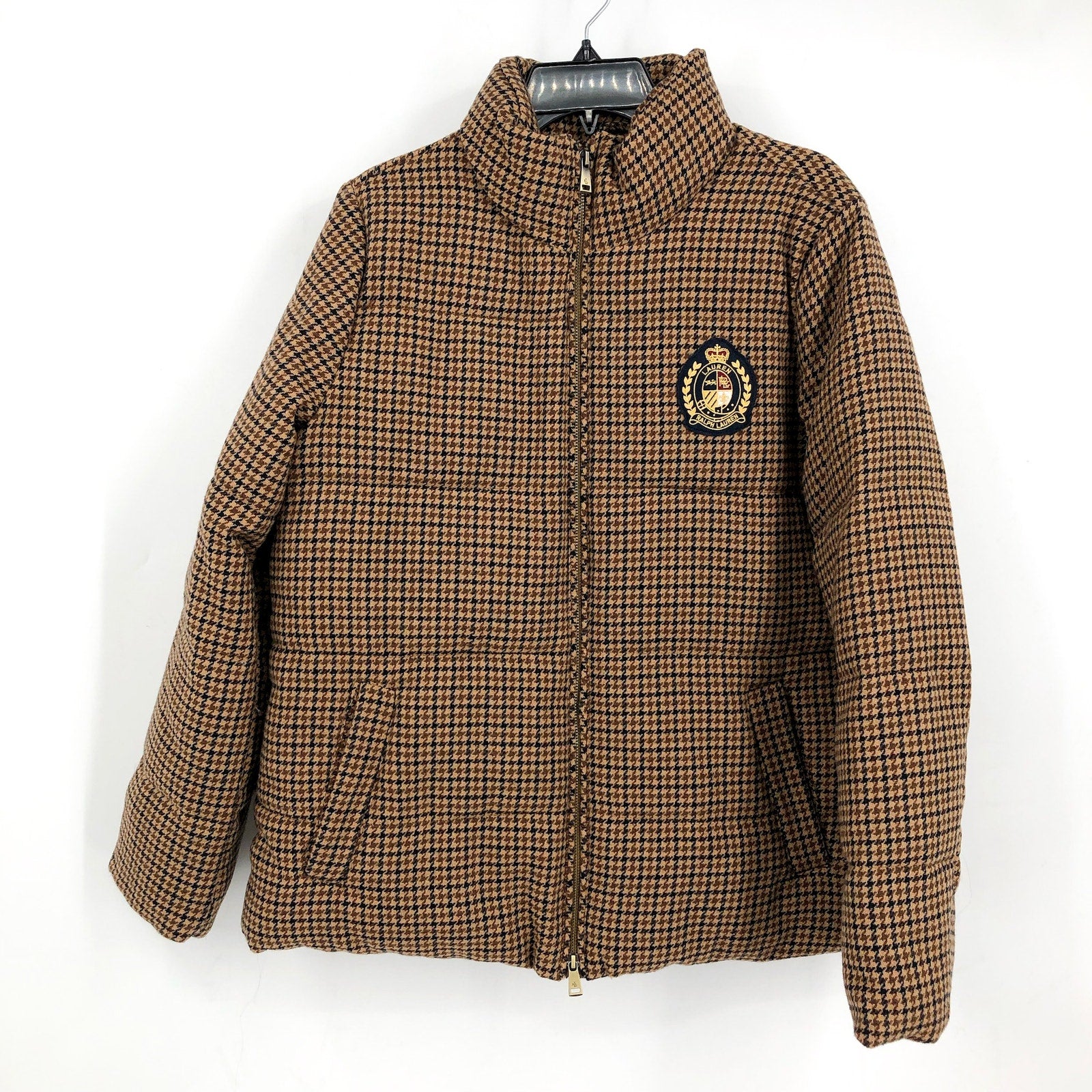 LAUREN RALPH LAUREN Womens Houndstooth Crest-Patch Puffer Coat Large Tan NWOT
