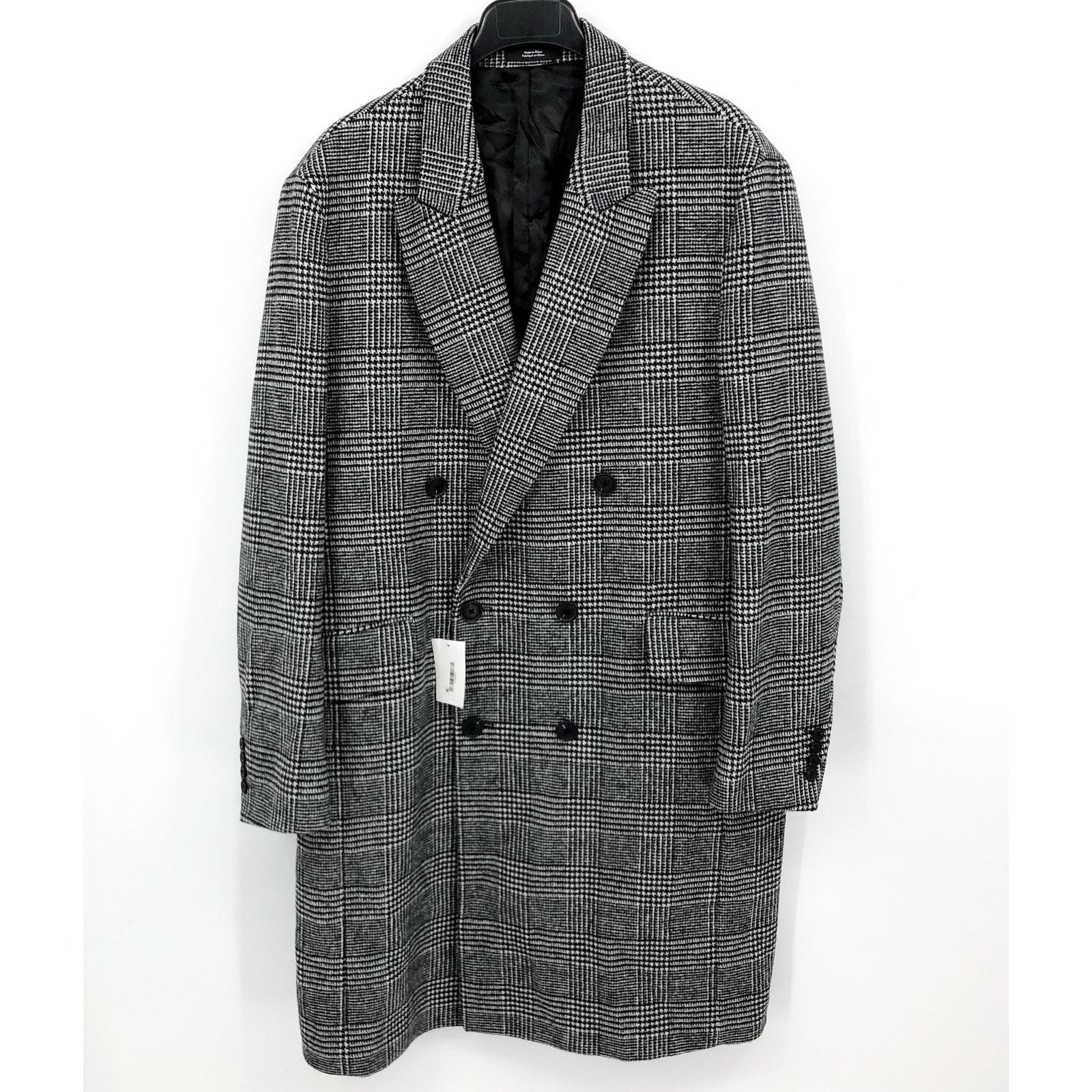 NORDSTROM Men's Glen Wool Blend Topcoat XL Black White Plaid XL NWOT