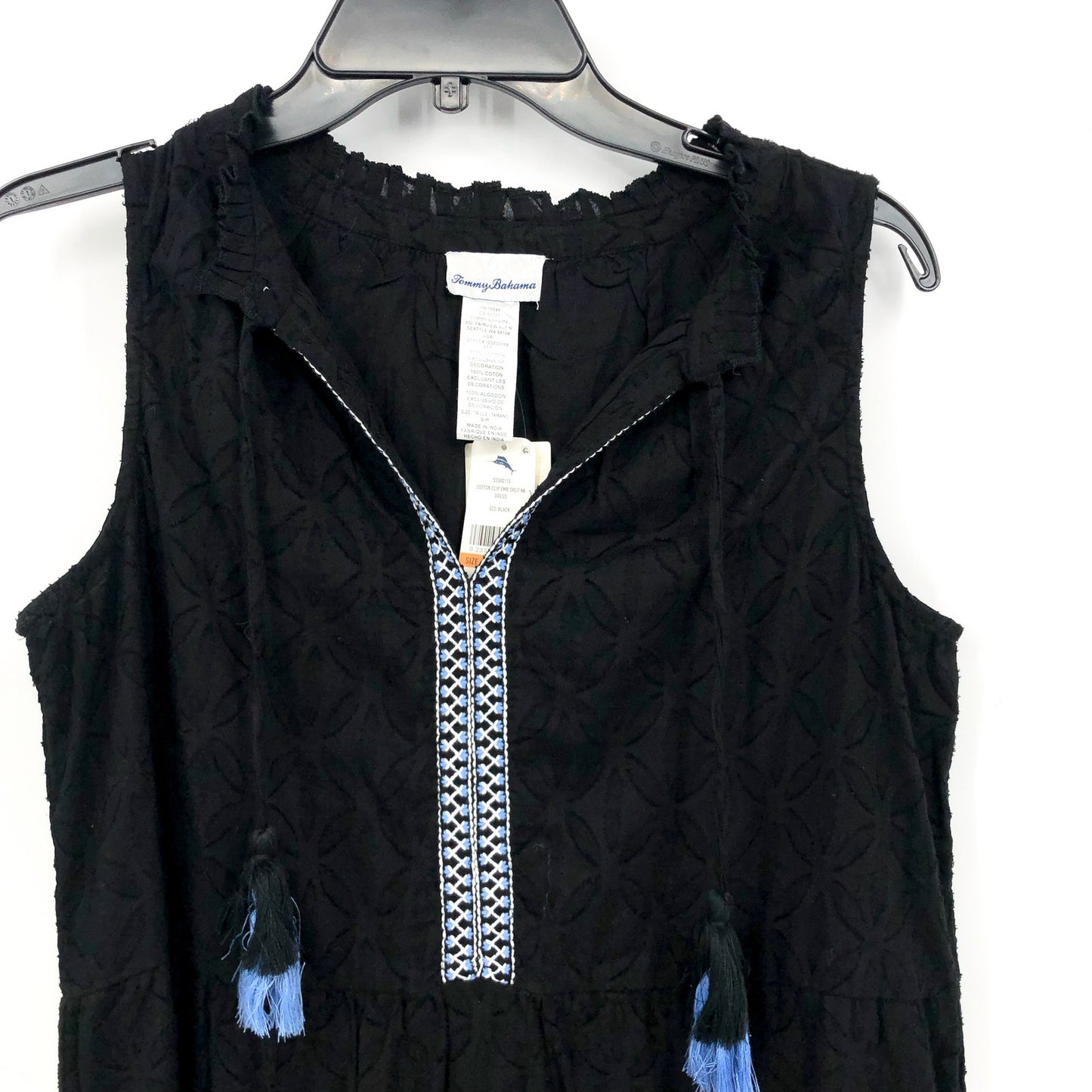 TOMMY BAHAMA Cotton Clip Embellished Split-Neck Dress Cover-Up Black Small