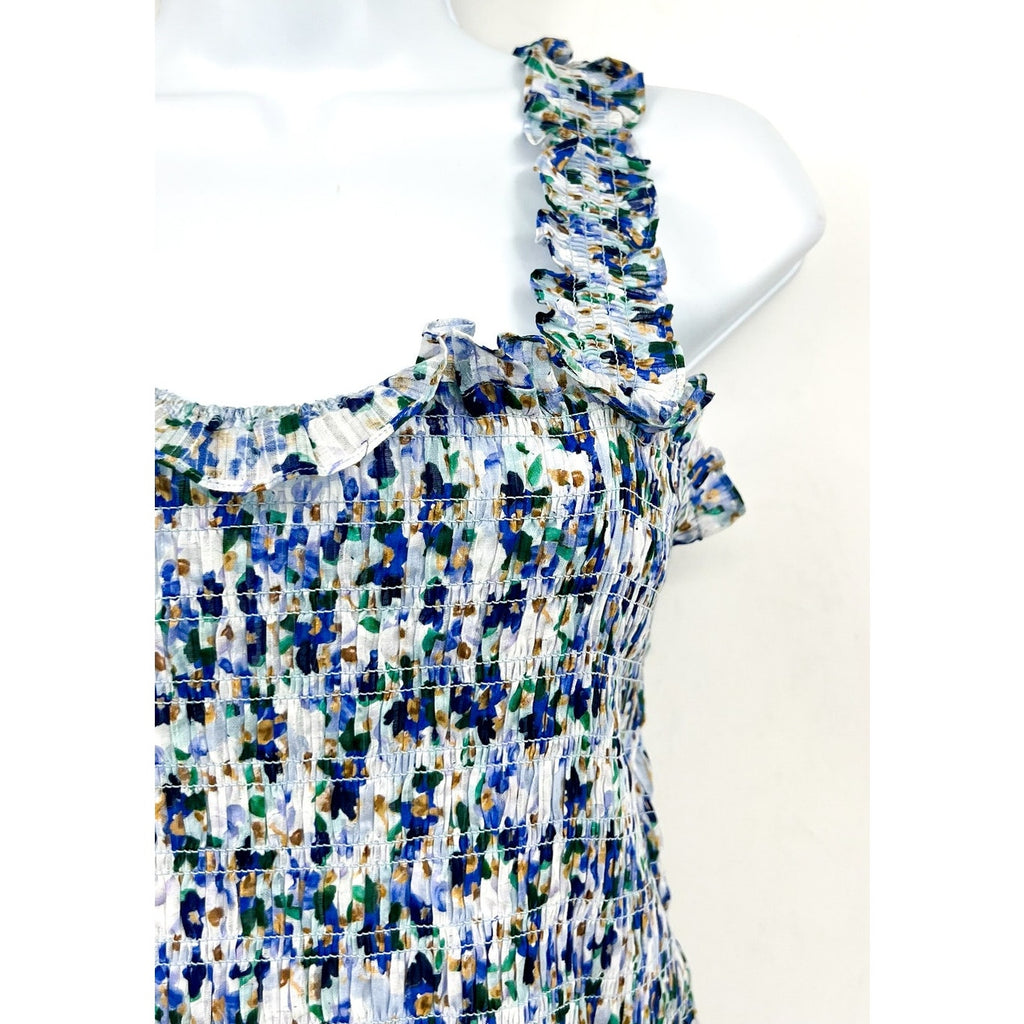 VERONICA BEARD Averie Smocked Tank Top Large Blue Cobalt Floral Print NWOT