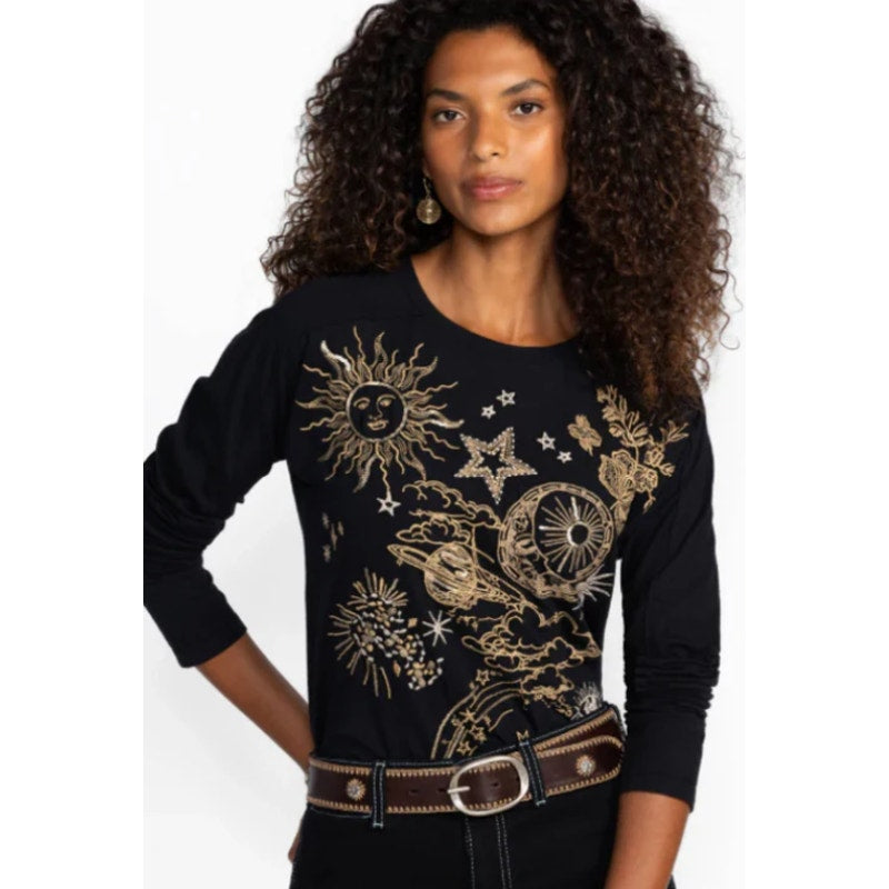 JOHNNY WAS Women's Miaora Printed Tee Top Medium Black Long Sleeve Dolman NWT