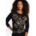 JOHNNY WAS Women's Miaora Printed Tee Top Medium Black Long Sleeve Dolman NWT