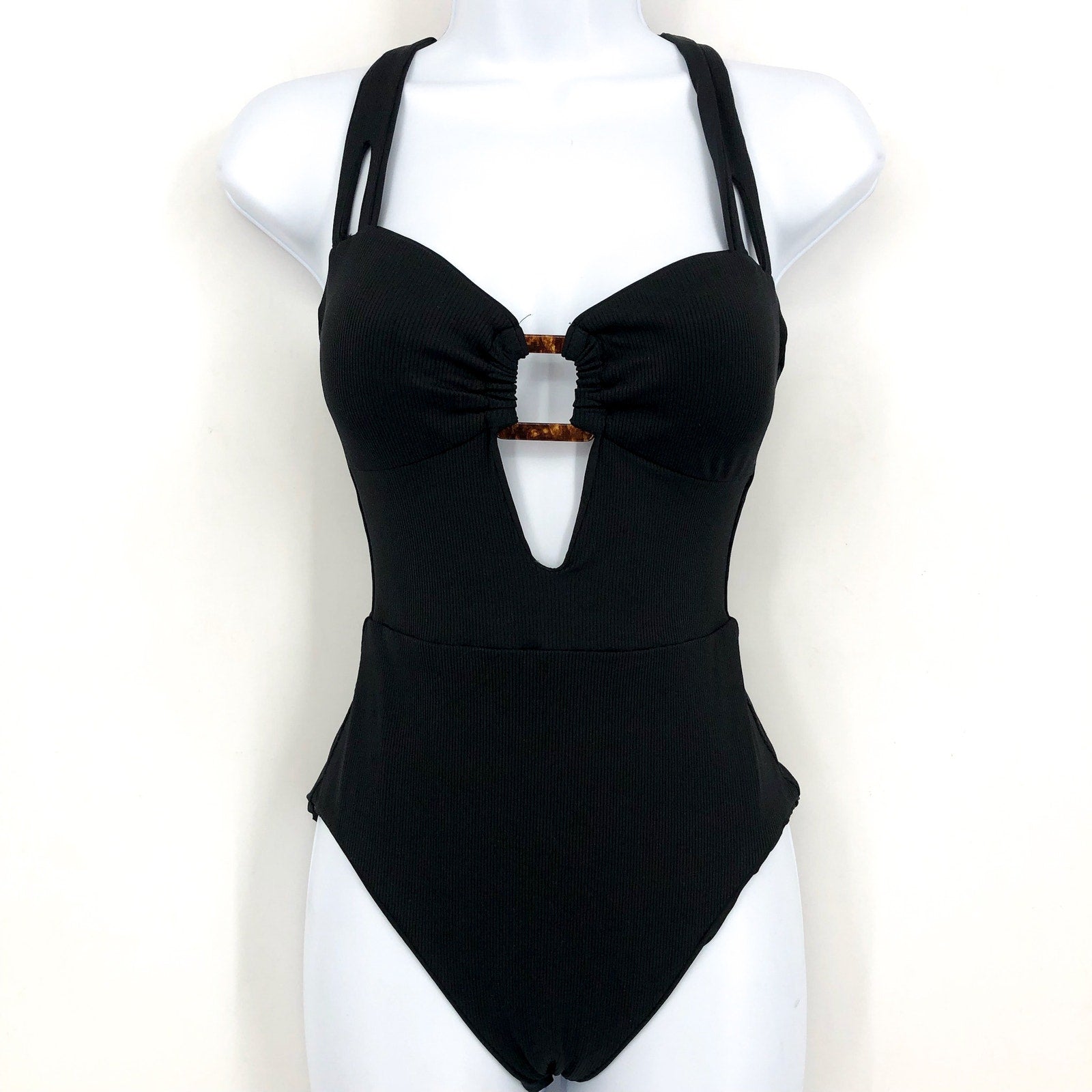 BECCA Women's Modern Edge One Piece Swimsuit Medium Black Square Buckle NWT