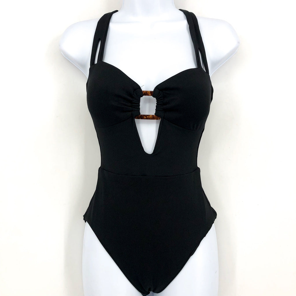 BECCA Women's Modern Edge One Piece Swimsuit Medium Black Square Buckle NWT