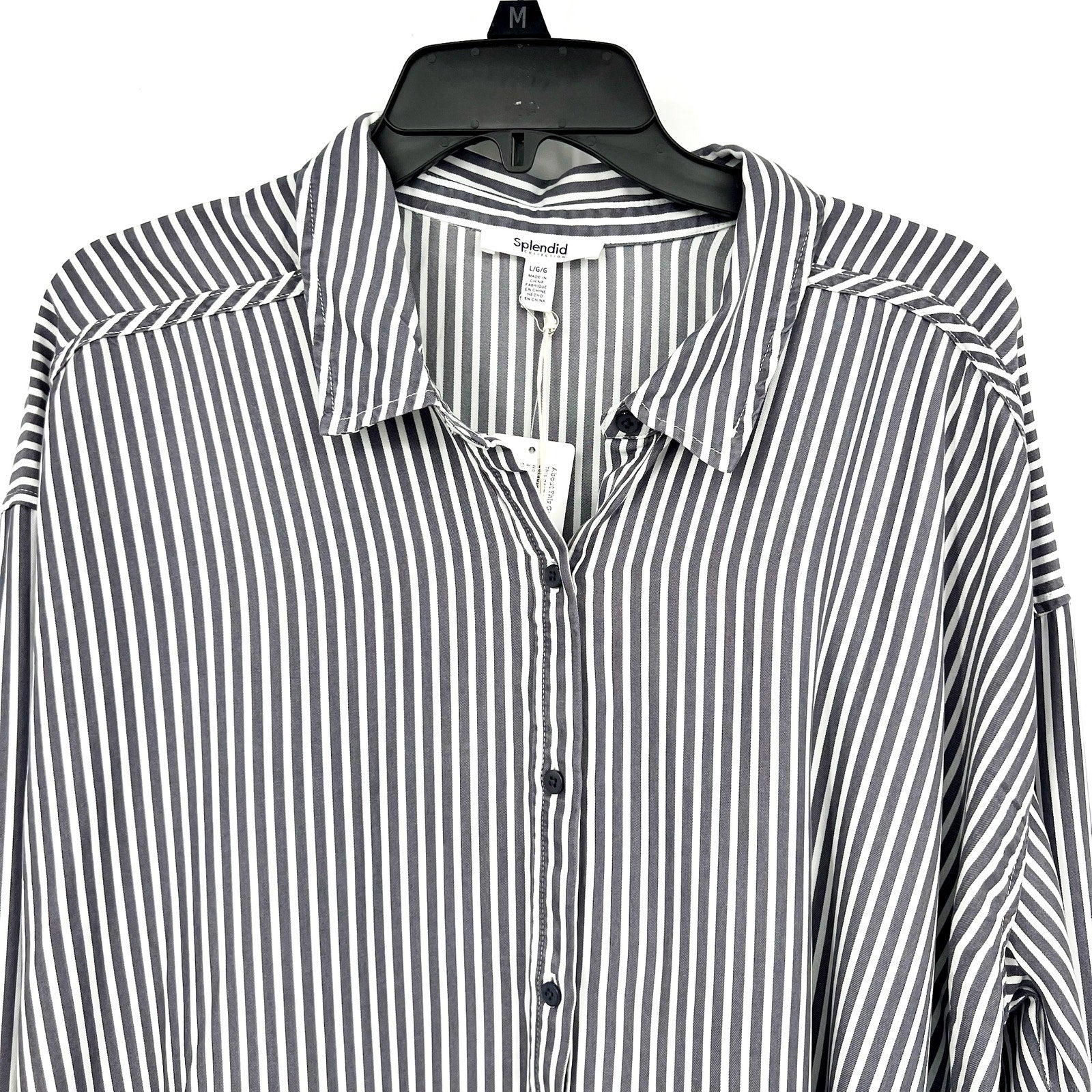 SPLENDID COLLECTION Ella Stripe Button Down Shirt Large Gray White NWT