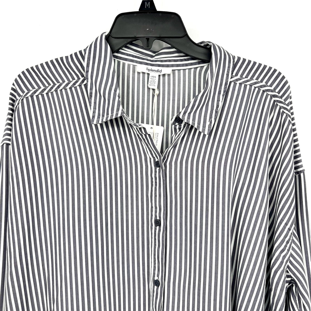 SPLENDID COLLECTION Ella Stripe Button Down Shirt Large Gray White NWT