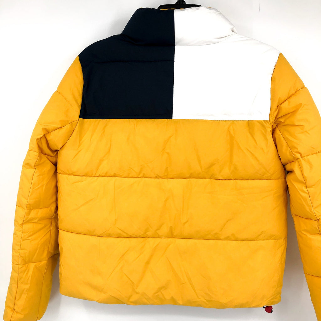 TOMMY JEANS Womens Big Logo Puffer Coat XS Yellow White Blue Ski Jacket NWT
