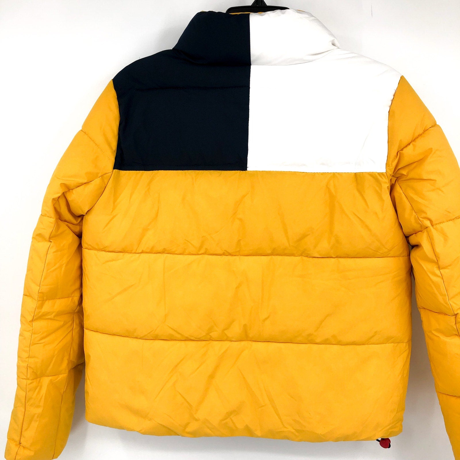 TOMMY JEANS Womens Big Logo Puffer Coat XS Yellow White Blue Ski Jacket NWT