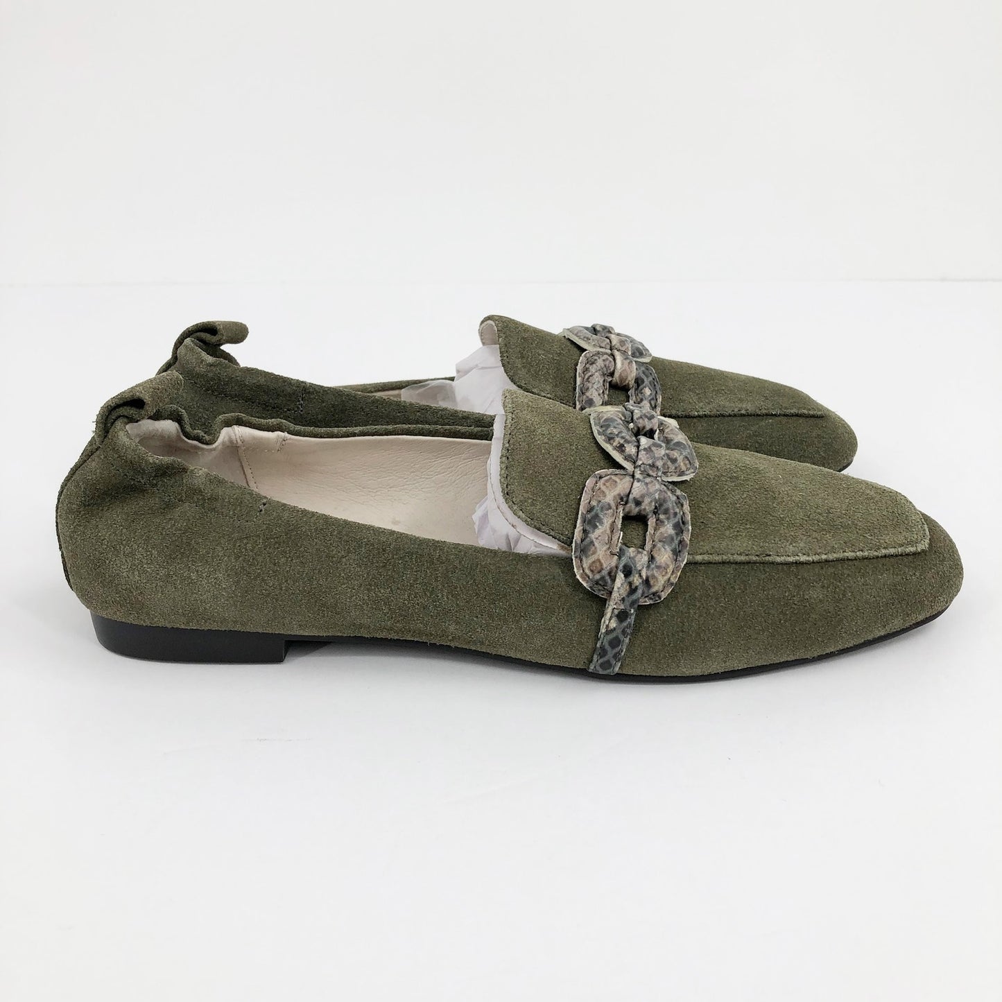 SANCTUARY Blast Suede Loafers 6.5 Olive Green Python-Embossed Bit NWOB