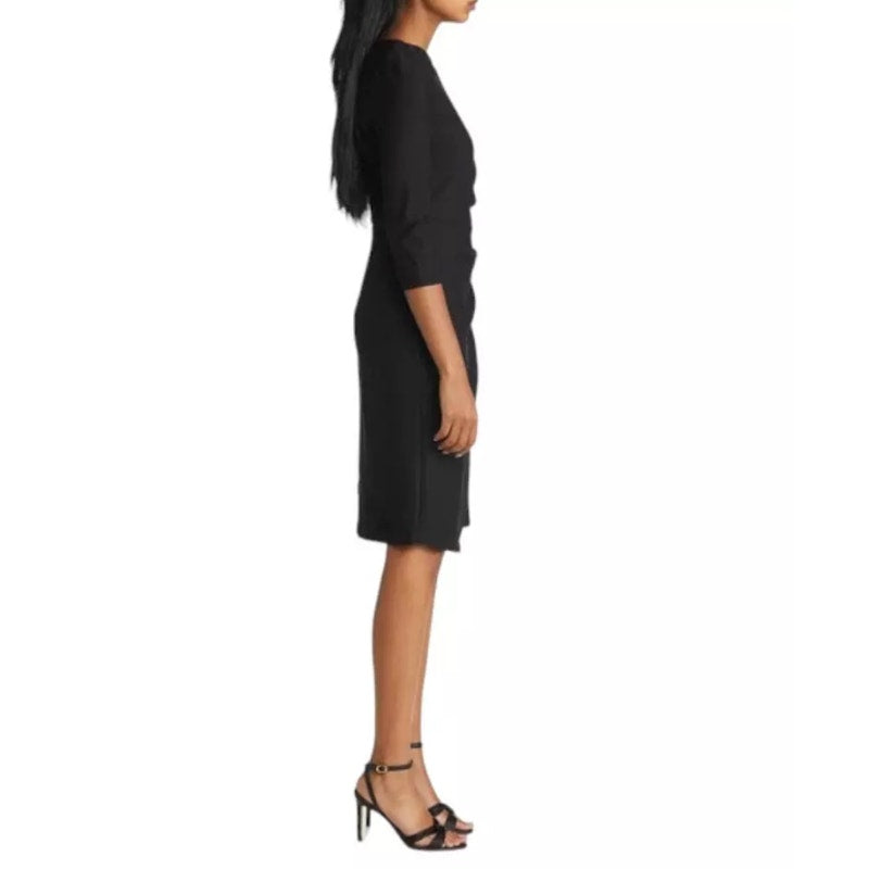 ELIZA J Pleated Faux Wrap Dress Size 14 Black Long Sleeve Knee Length NWT