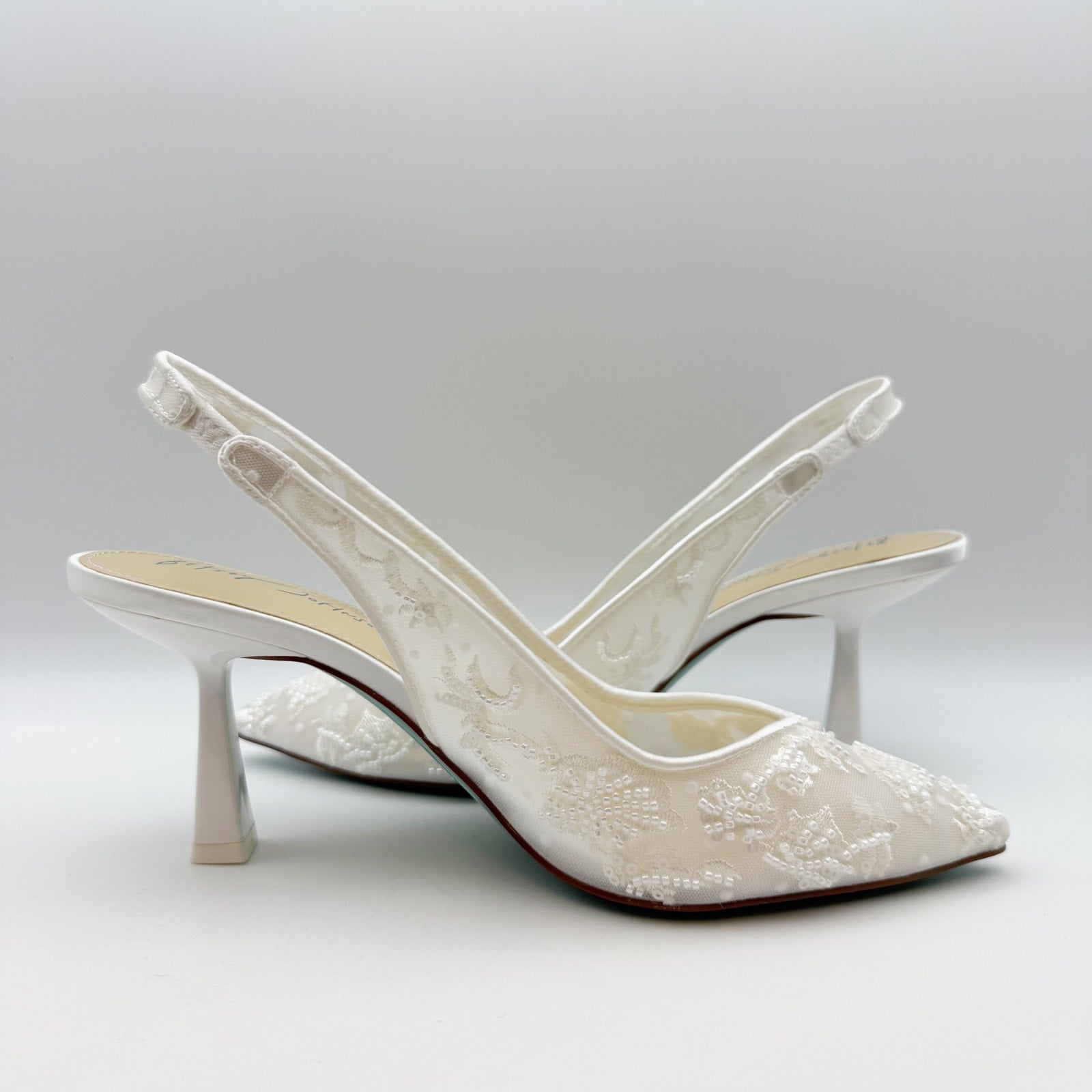 Blue Betsey Johnson Womens Nikki High Heels Size 7.5 White Lace Sling Back NWOB