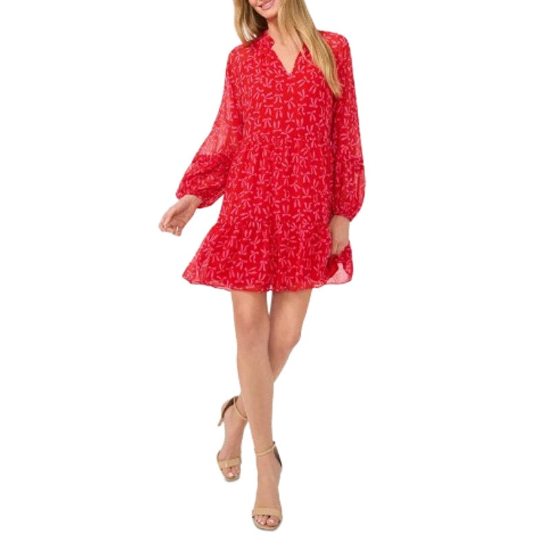 CECE Women's Bow-Print Babydoll Dress Large Red Pink Long-Sleeve NWT