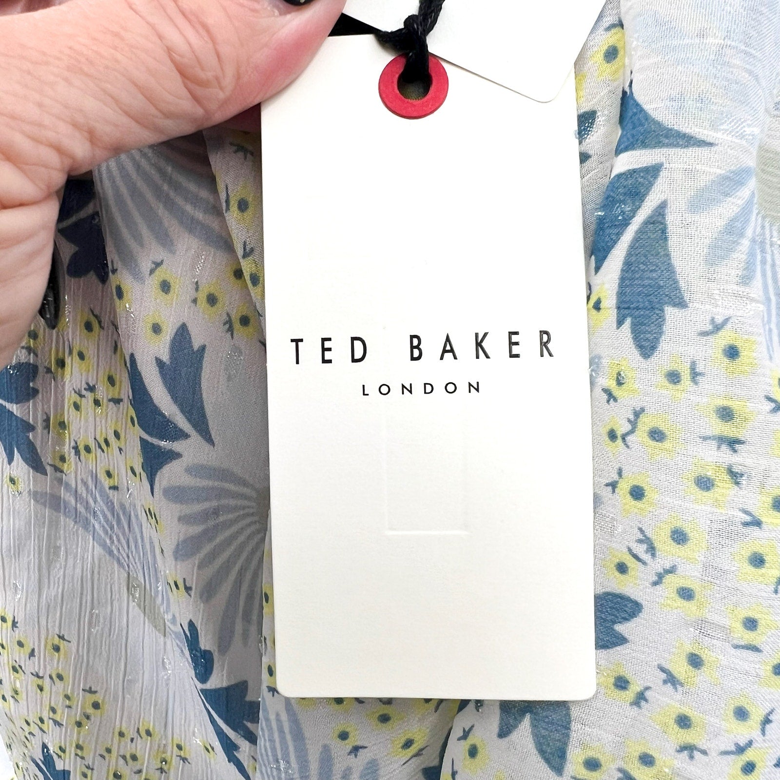 TED BAKER Women's Gemmiaa Wrap Top TED 3 US Large Sky Blue Floral Ruffle NWT