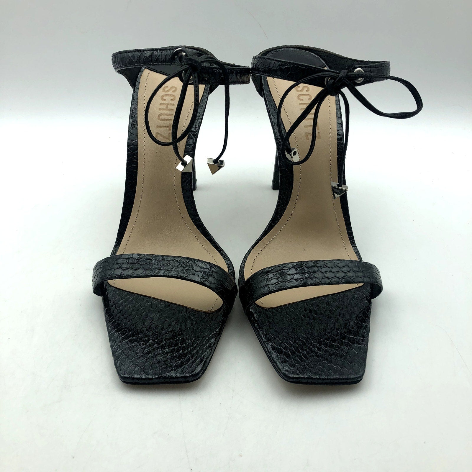 SCHUTZ Womens Mavis Heel Sandal Size 8.5 Black Snake Shine Leather NIB