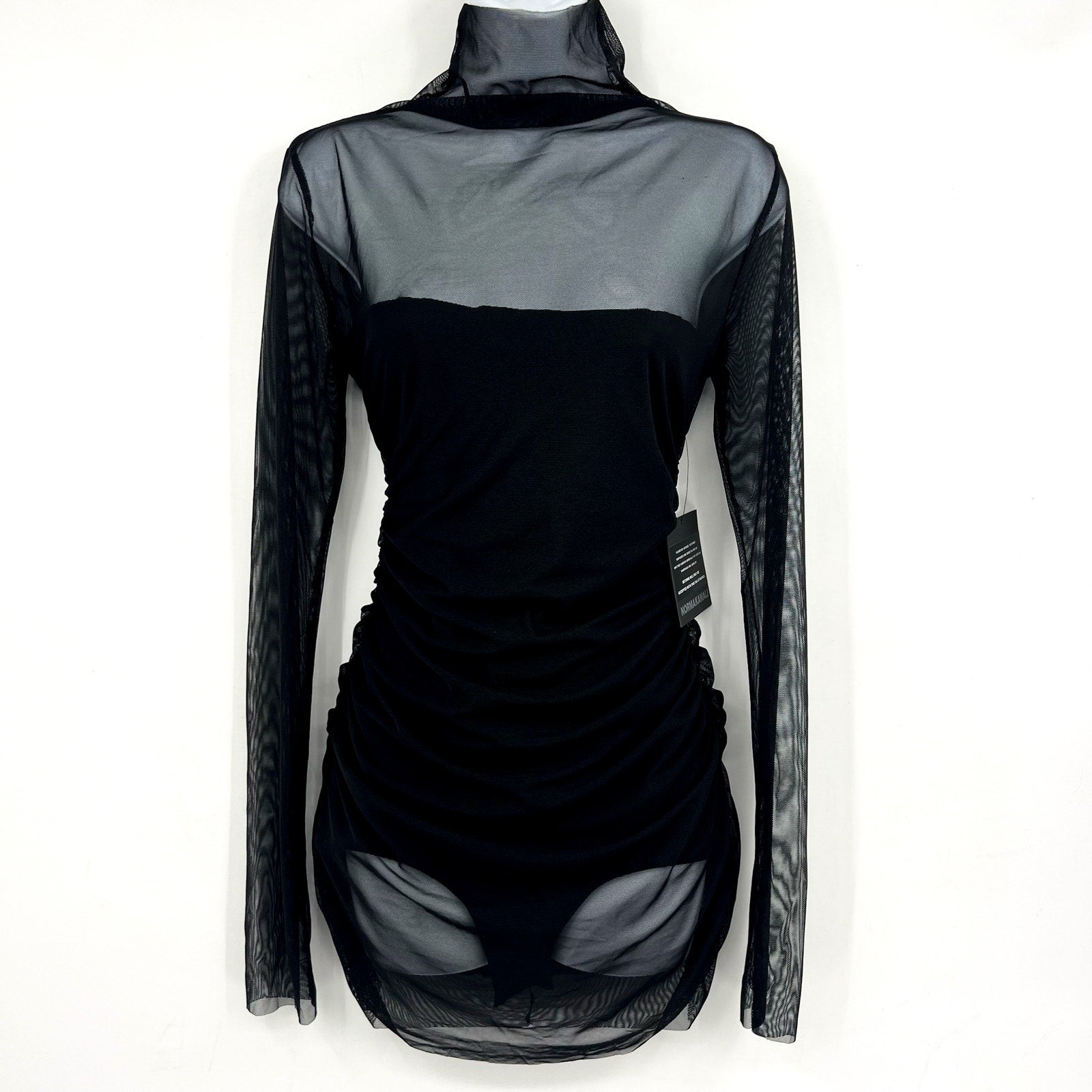 NORMA KAMALI Turtleneck Pickleball Dress Medium FR 38 Black Mesh Long Sleeve NWT